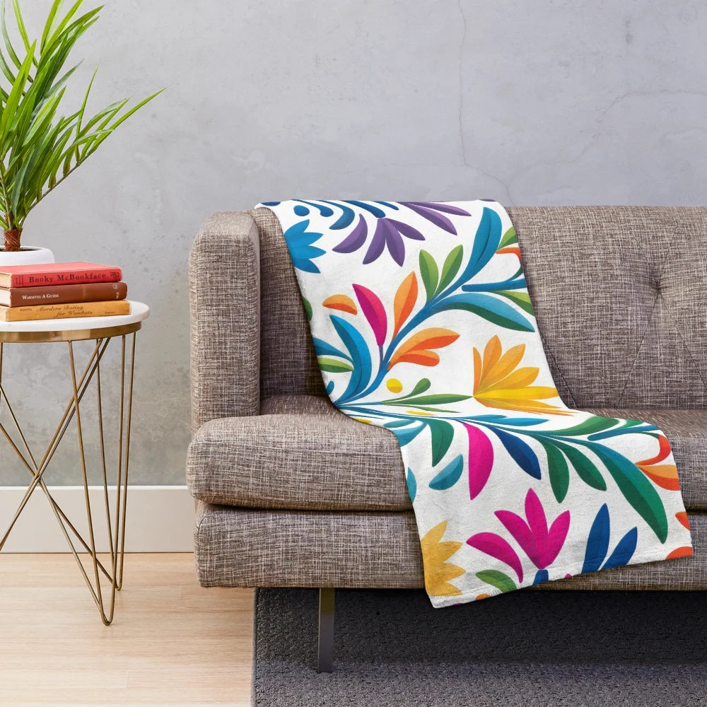 Otomi flowers plush blanket with colorful Mexican-inspired art