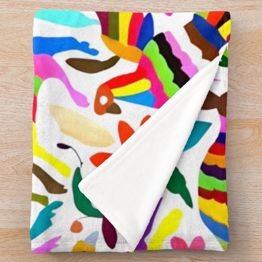 Colorful Otomi Tenango inspired plush blanket with floral and nature motifs
