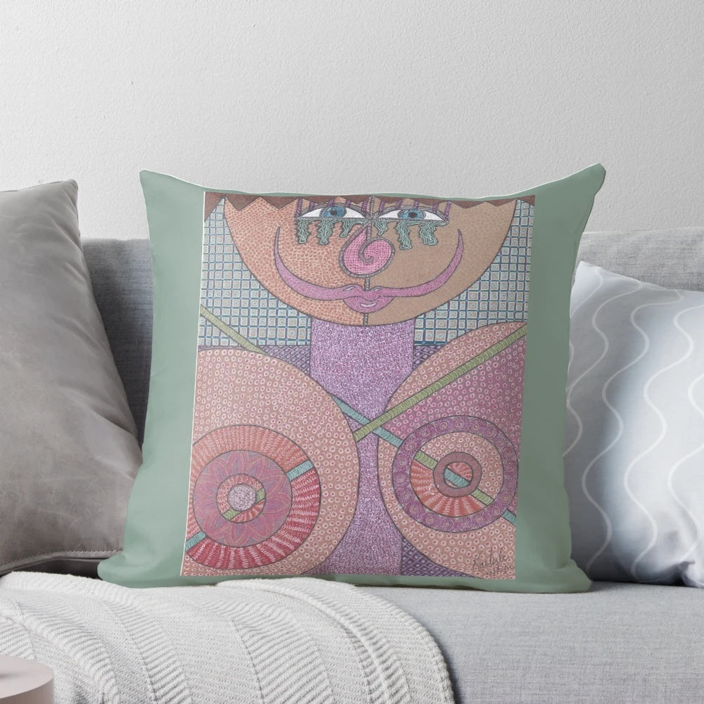 Colorful abstract pop art pillow featuring a whimsical design of people and women by award-winning author Karlyle Tomms