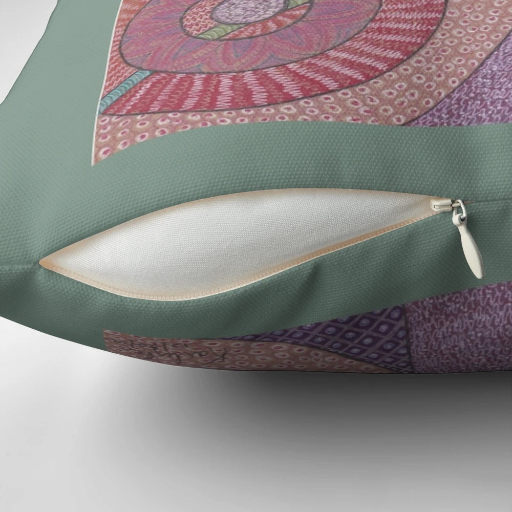 Colorful abstract pop art pillow featuring a whimsical design of people and women by award-winning author Karlyle Tomms