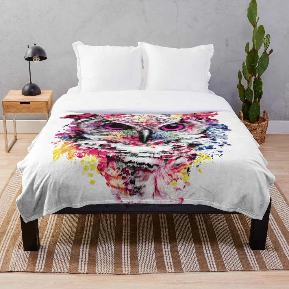 Colorful abstract owl plush blanket for home decor