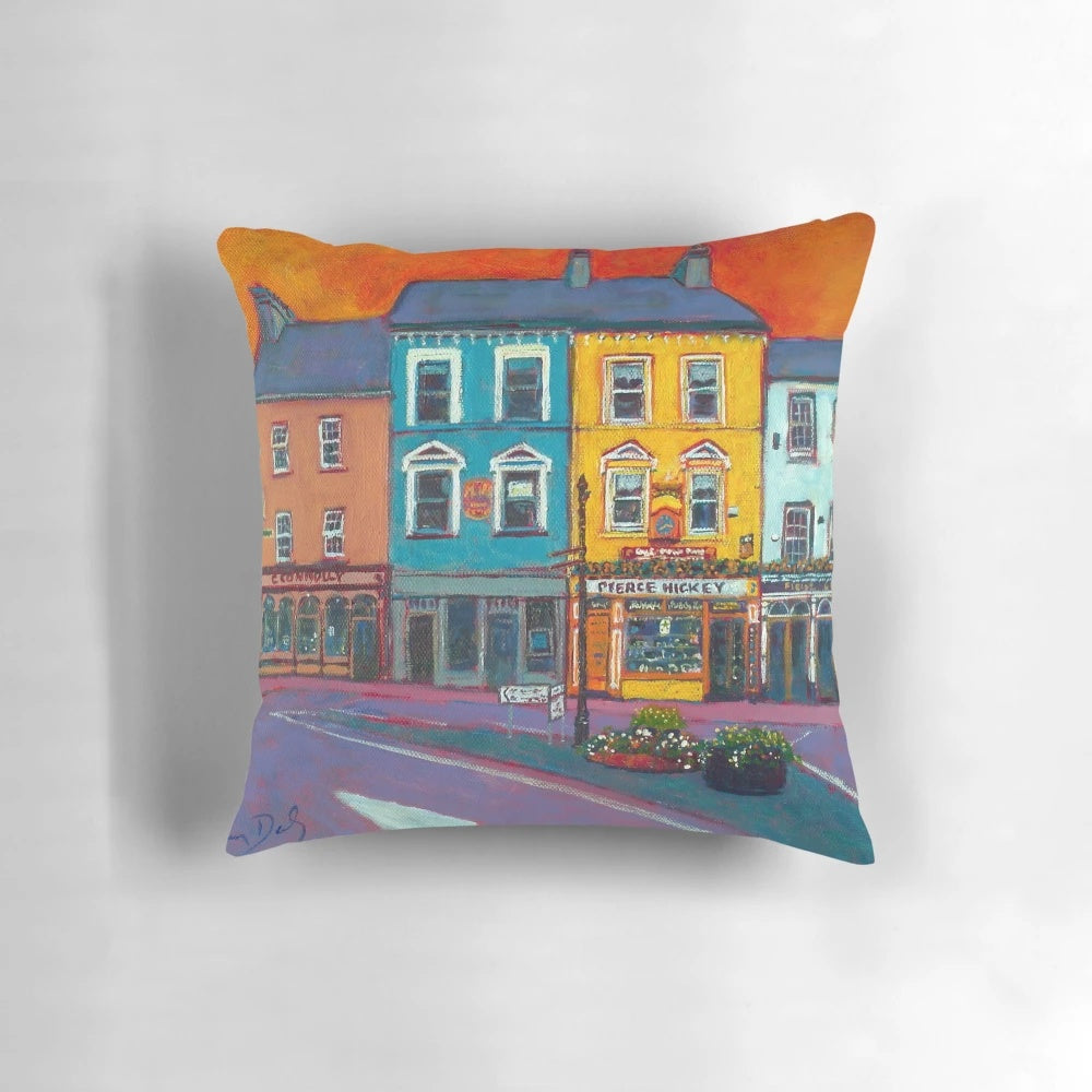 Colorful pillow with a scenic landscape of painted houses on Main Street in Skibbereen, County Cork, Ireland