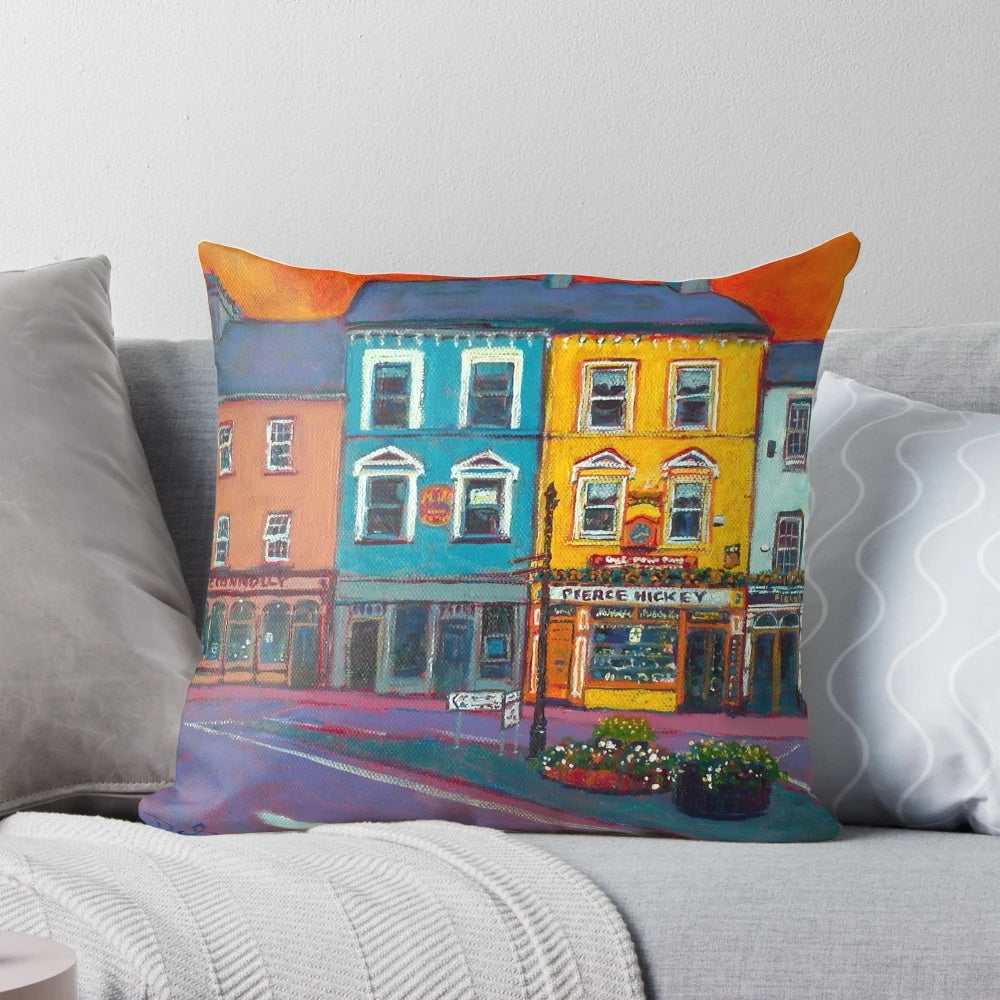 Colorful pillow with a scenic landscape of painted houses on Main Street in Skibbereen, County Cork, Ireland