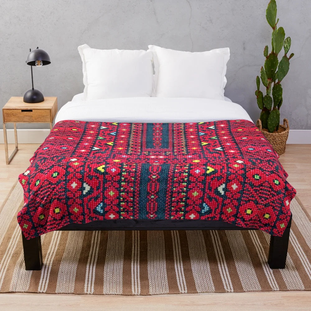 Colorful palestinian embroidered plush blanket