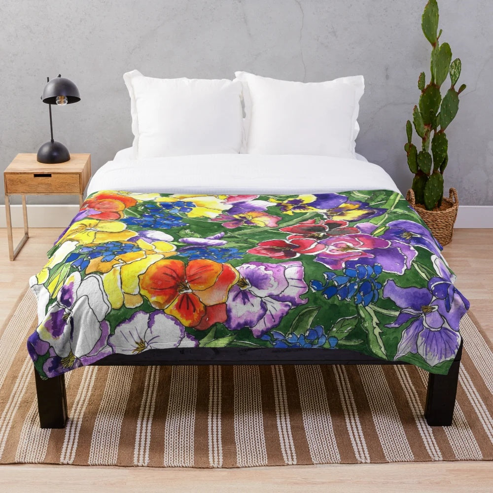 Pansies Plush Blanket with Watercolor Floral Design