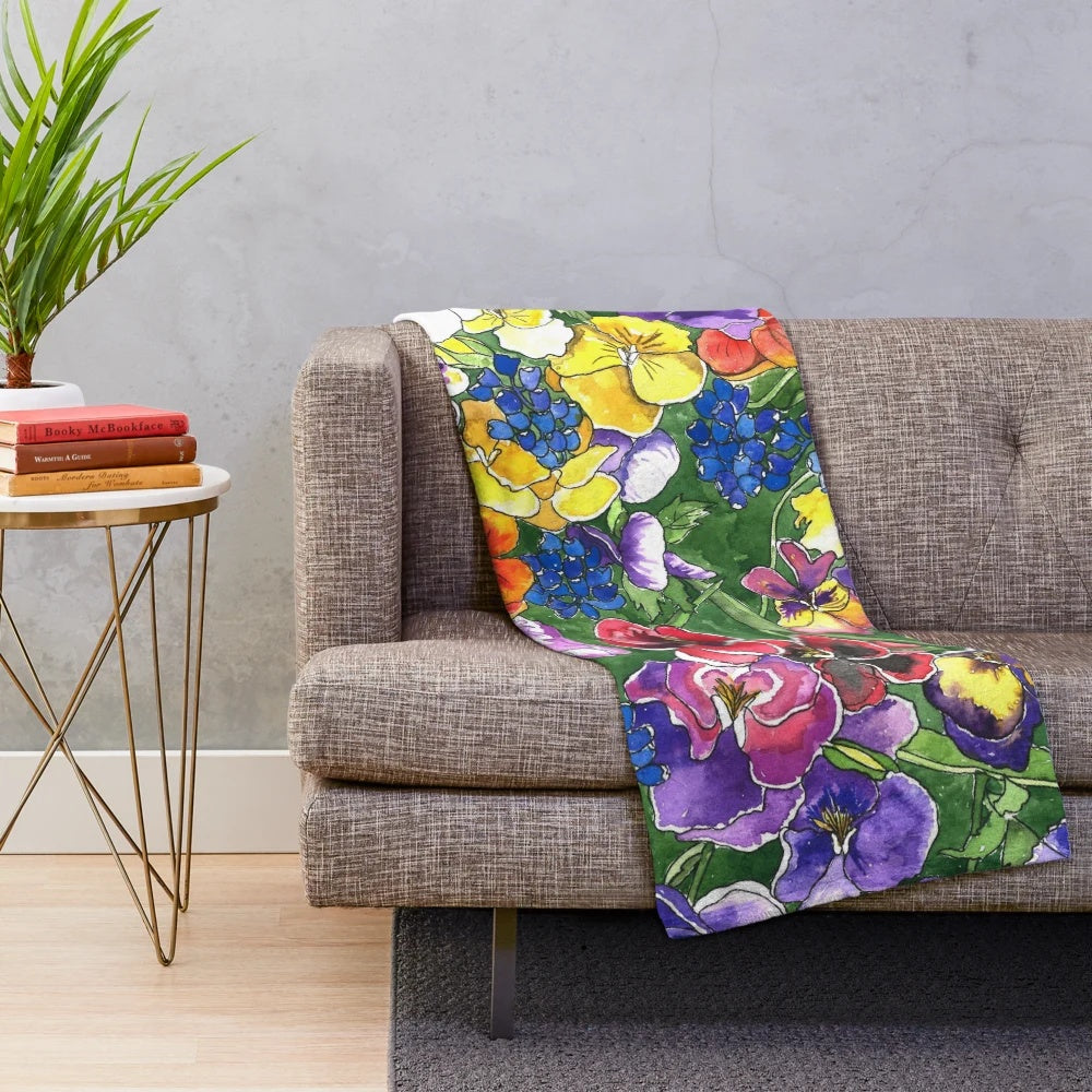 Pansies Plush Blanket with Watercolor Floral Design