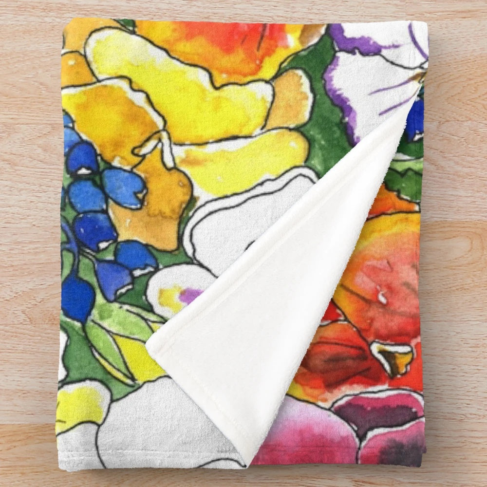 Pansies Plush Blanket with Watercolor Floral Design