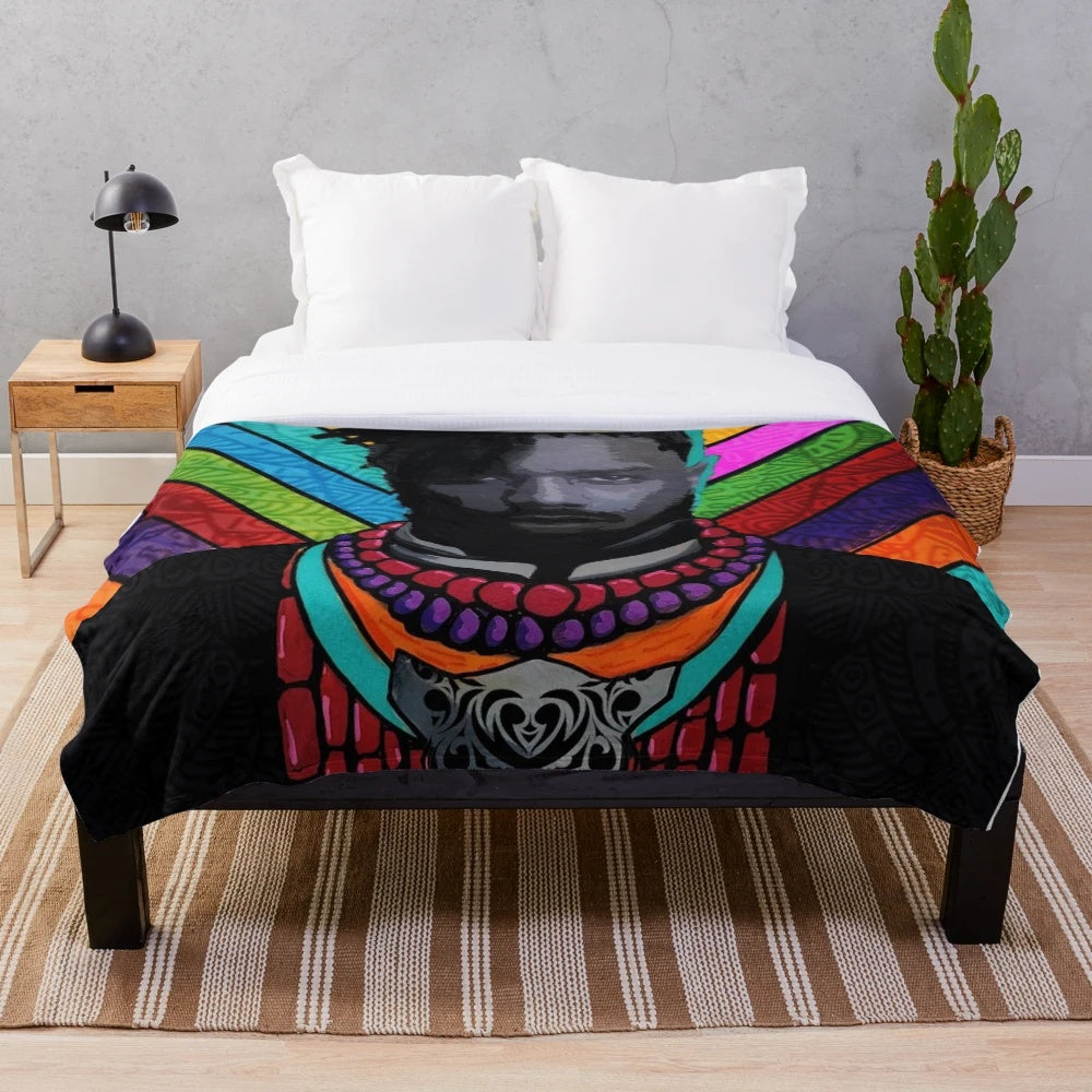 Plush blanket featuring the character N'Jadaka from the Black Panther movie