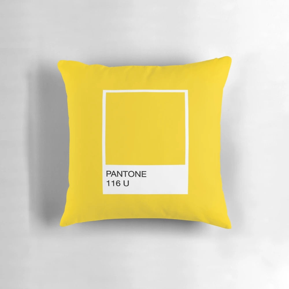 Bright yellow Pantone-inspired pillow with a fun, whimsical minion design.