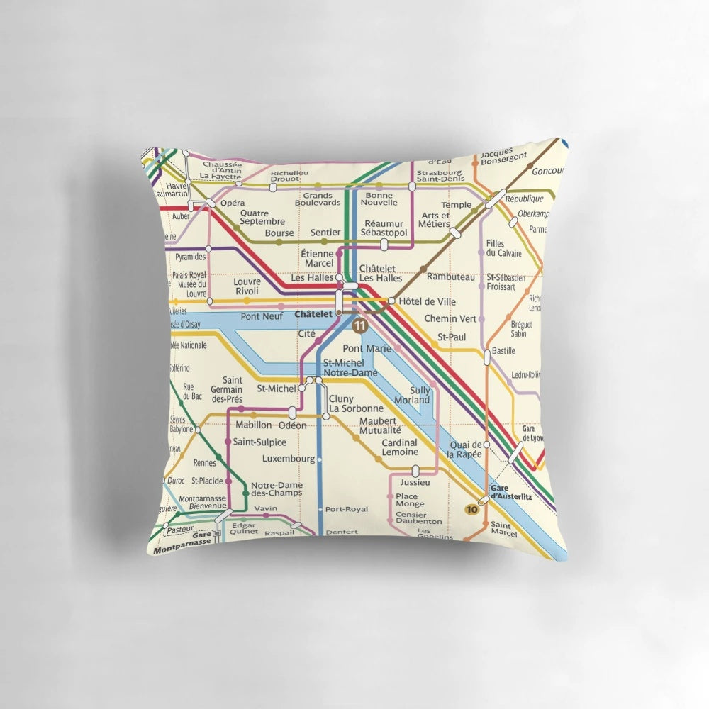 Colorful and detailed Paris metro map printed on a high-quality throw pillow