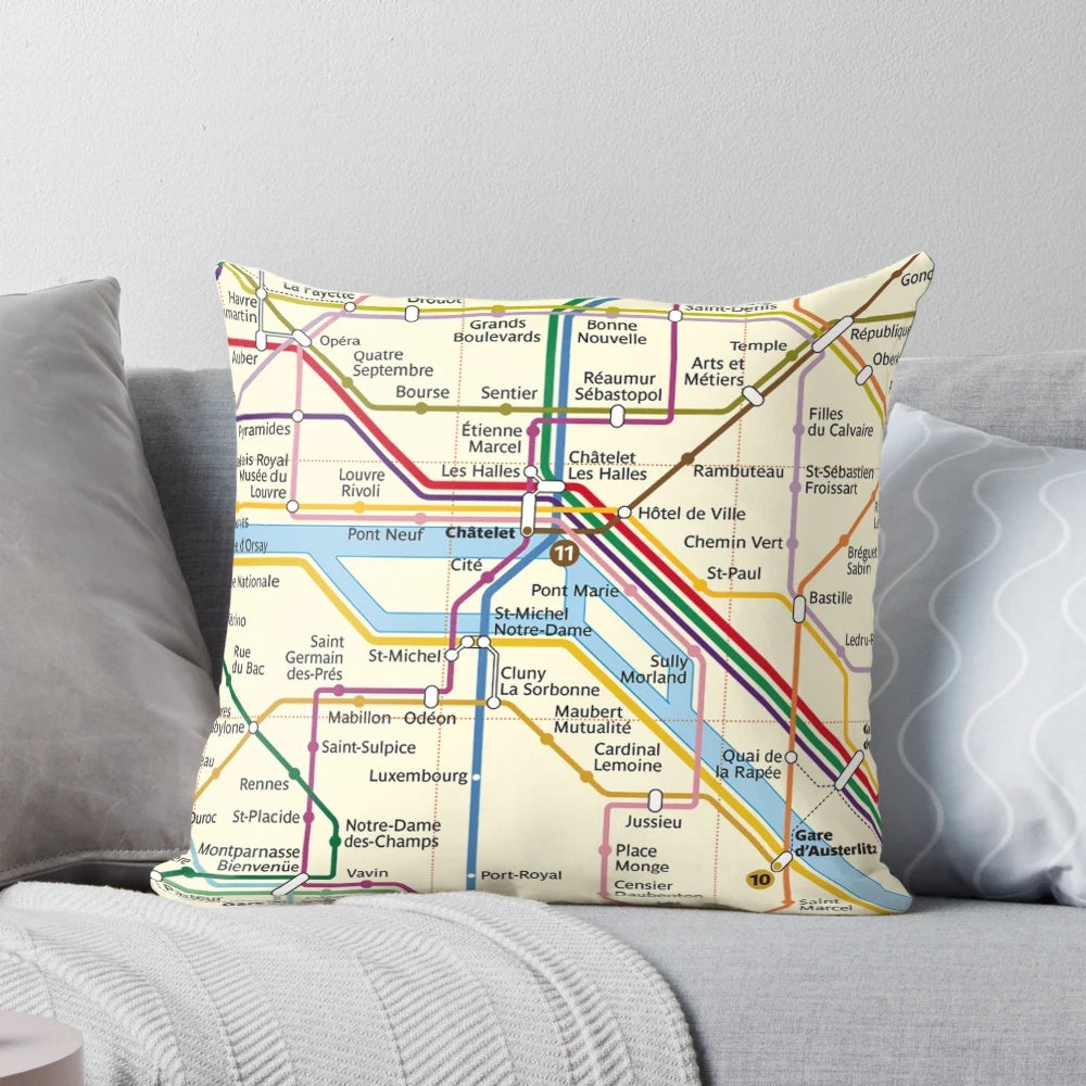 Colorful and detailed Paris metro map printed on a high-quality throw pillow