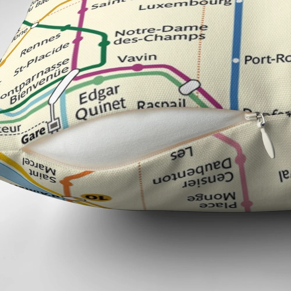 Colorful and detailed Paris metro map printed on a high-quality throw pillow