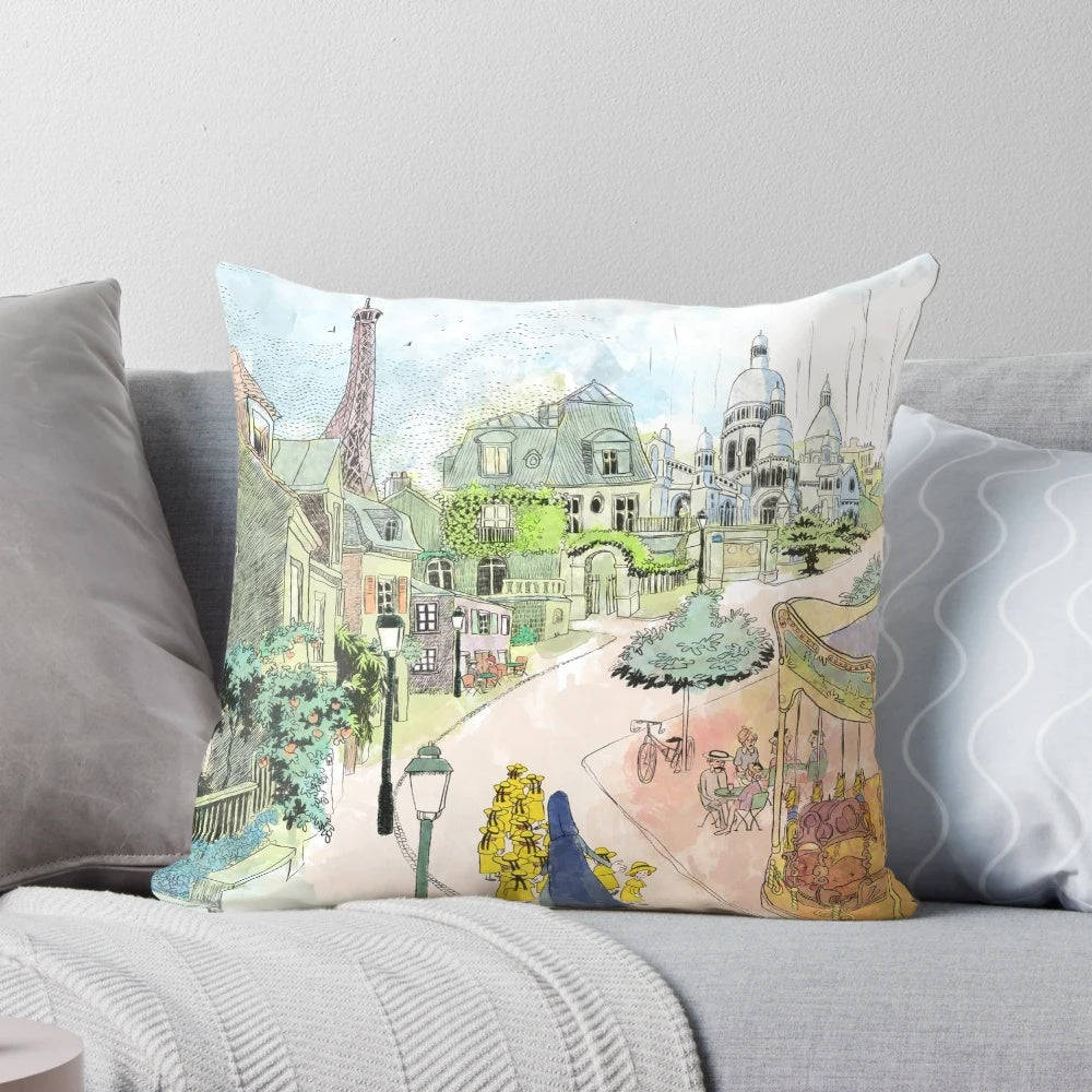 Watercolor illustration of a Paris street scene with the Eiffel Tower and Sacred Heart Basilica, featured on a decorative throw pillow.