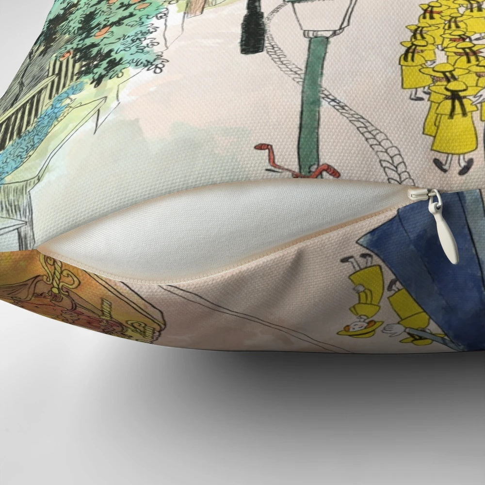 Watercolor illustration of a Paris street scene with the Eiffel Tower and Sacred Heart Basilica, featured on a decorative throw pillow.