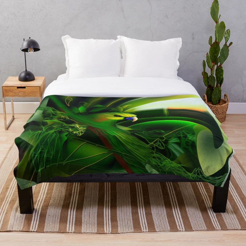 Colorful parrot plush blanket with tropical foliage design