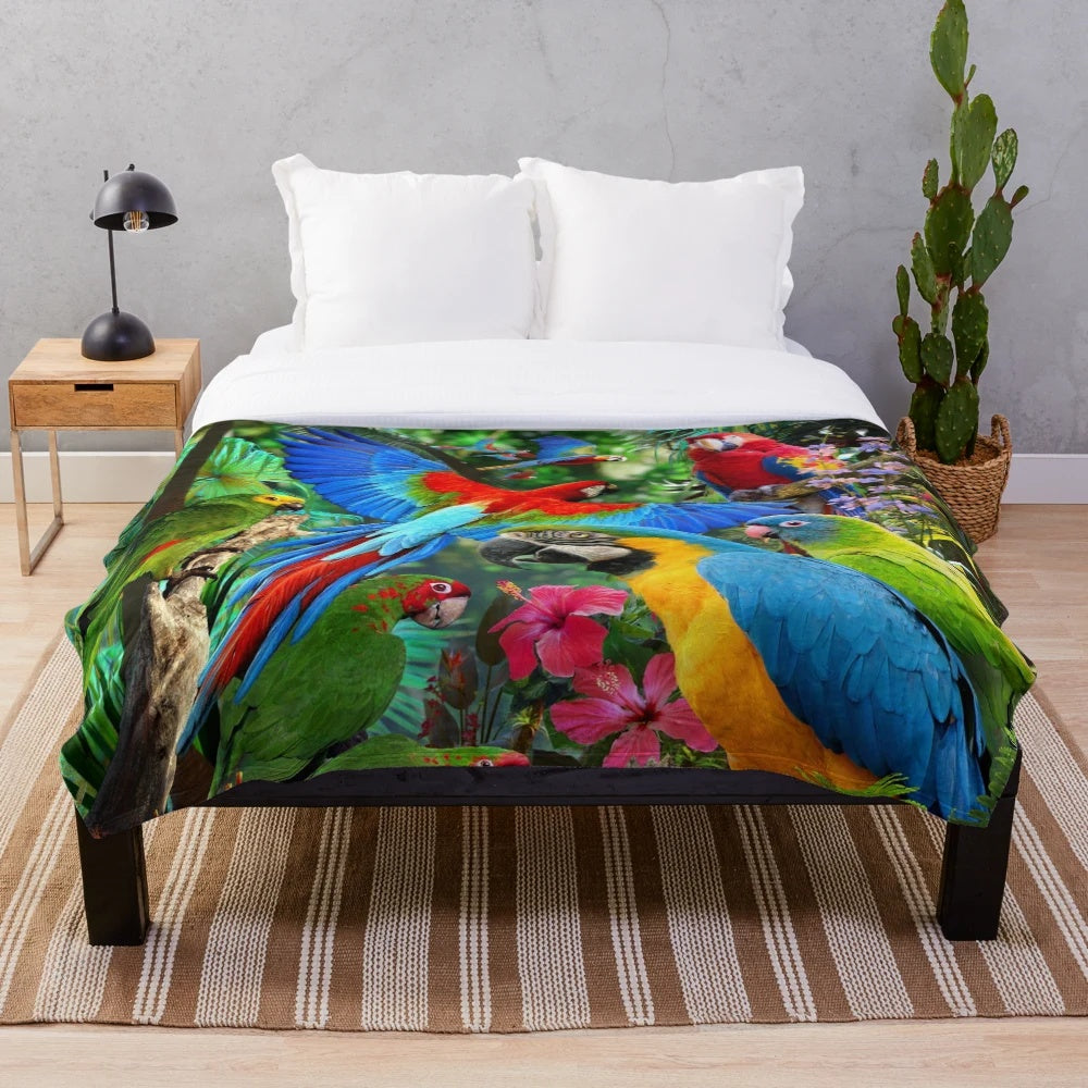 Parrots Plush Blanket with Vibrant Tropical Bird Design