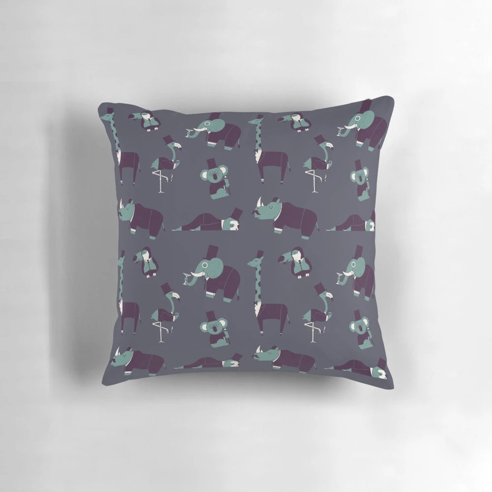 Colorful party animals pattern decorative pillow with toucans, koalas, sloths, elephants, rhinos, and more