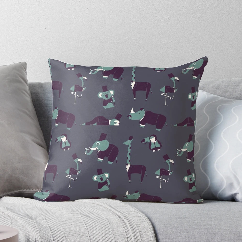 Colorful party animals pattern decorative pillow with toucans, koalas, sloths, elephants, rhinos, and more