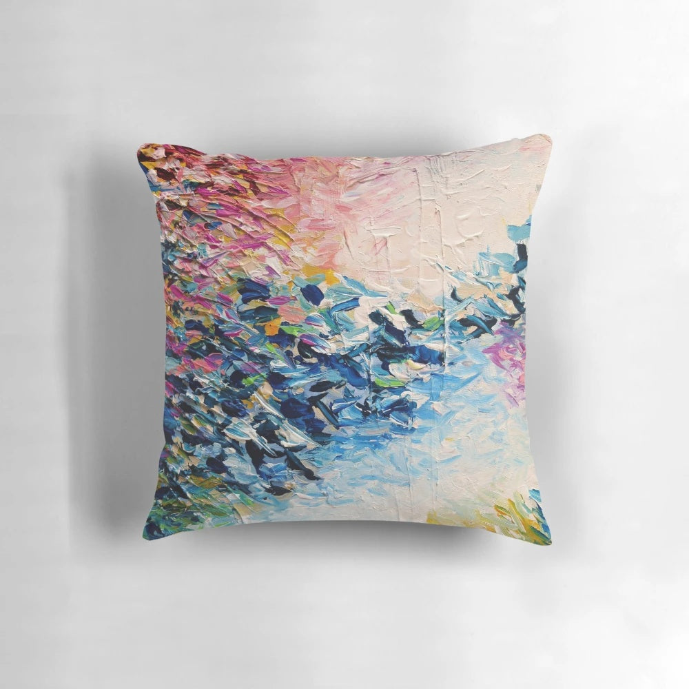Colorful abstract painting in pastel hues with textural brushstrokes evoking a tropical, dreamlike landscape