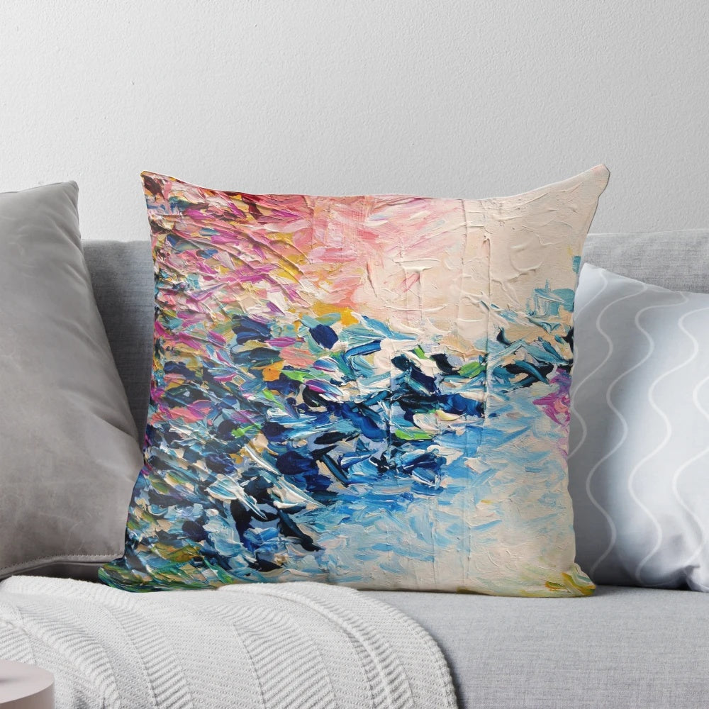Colorful abstract painting in pastel hues with textural brushstrokes evoking a tropical, dreamlike landscape