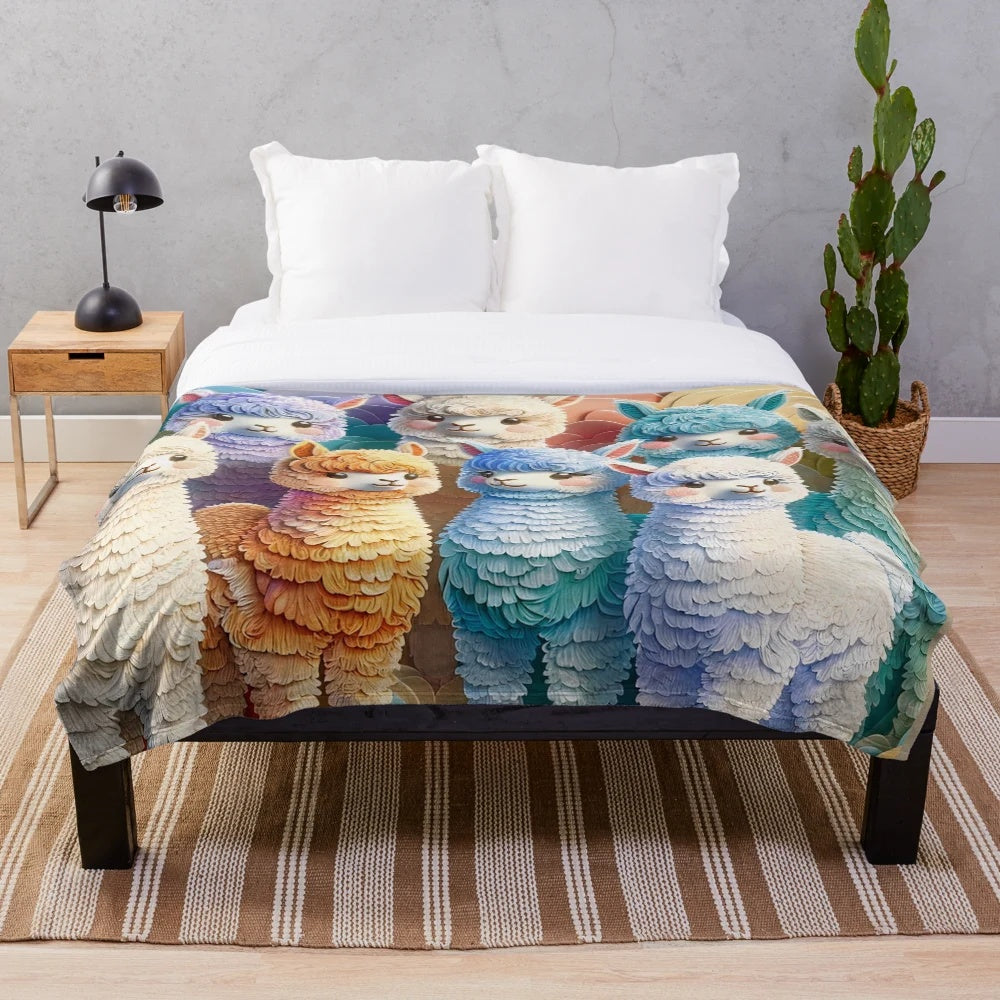 Colorful pastel plush blanket featuring a group of cute baby alpacas in a vintage Peruvian art style
