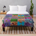 Vibrant patchwork plush blanket with retro aesthetic patterns