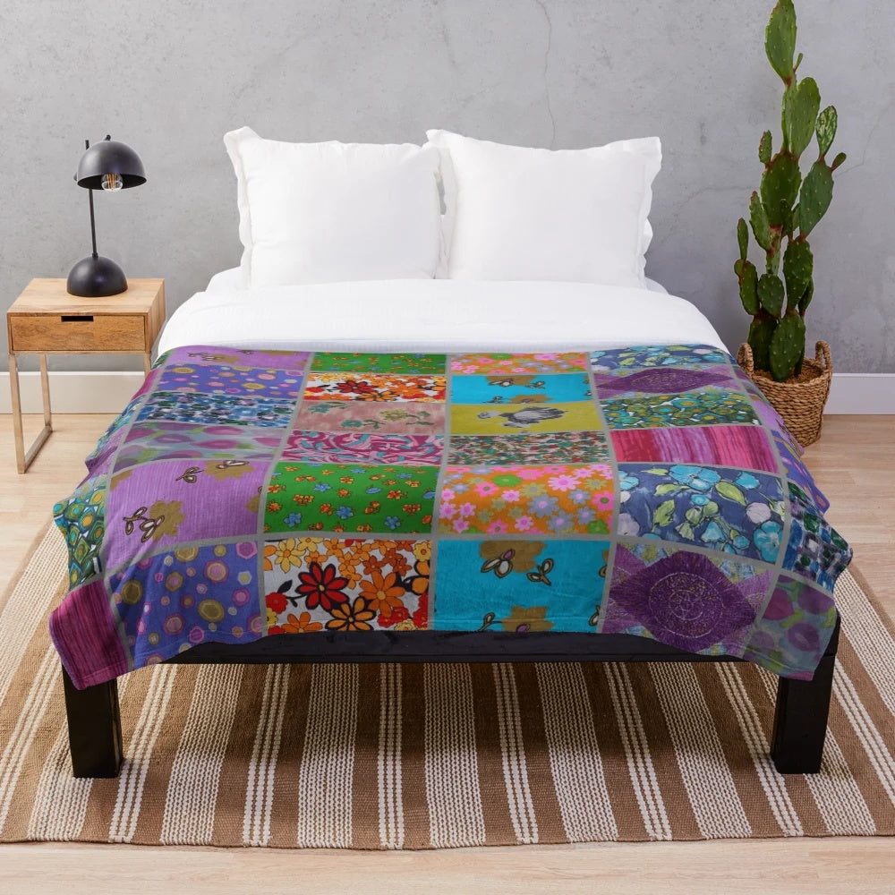 Vibrant patchwork plush blanket with retro aesthetic patterns