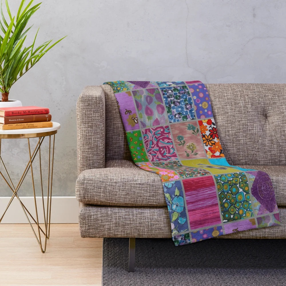 Vibrant patchwork plush blanket with retro aesthetic patterns