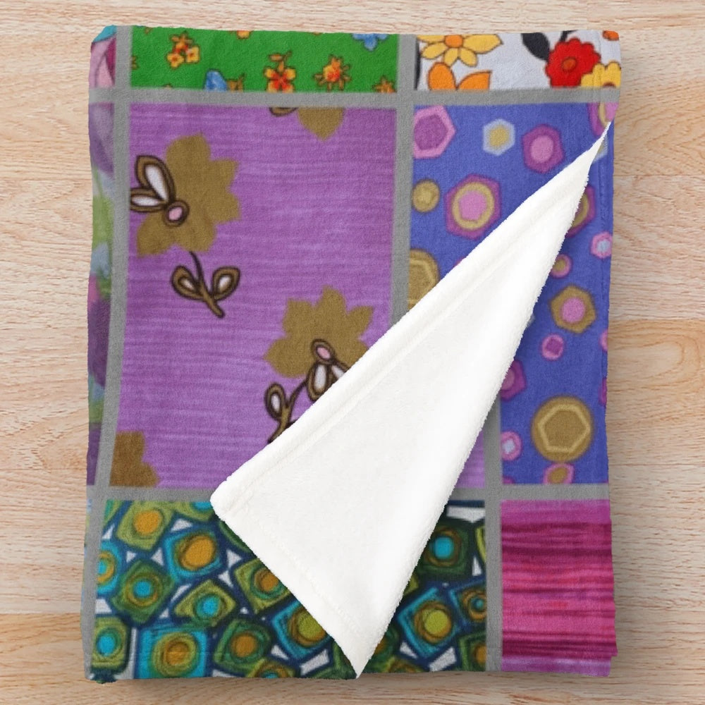 Vibrant patchwork plush blanket with retro aesthetic patterns