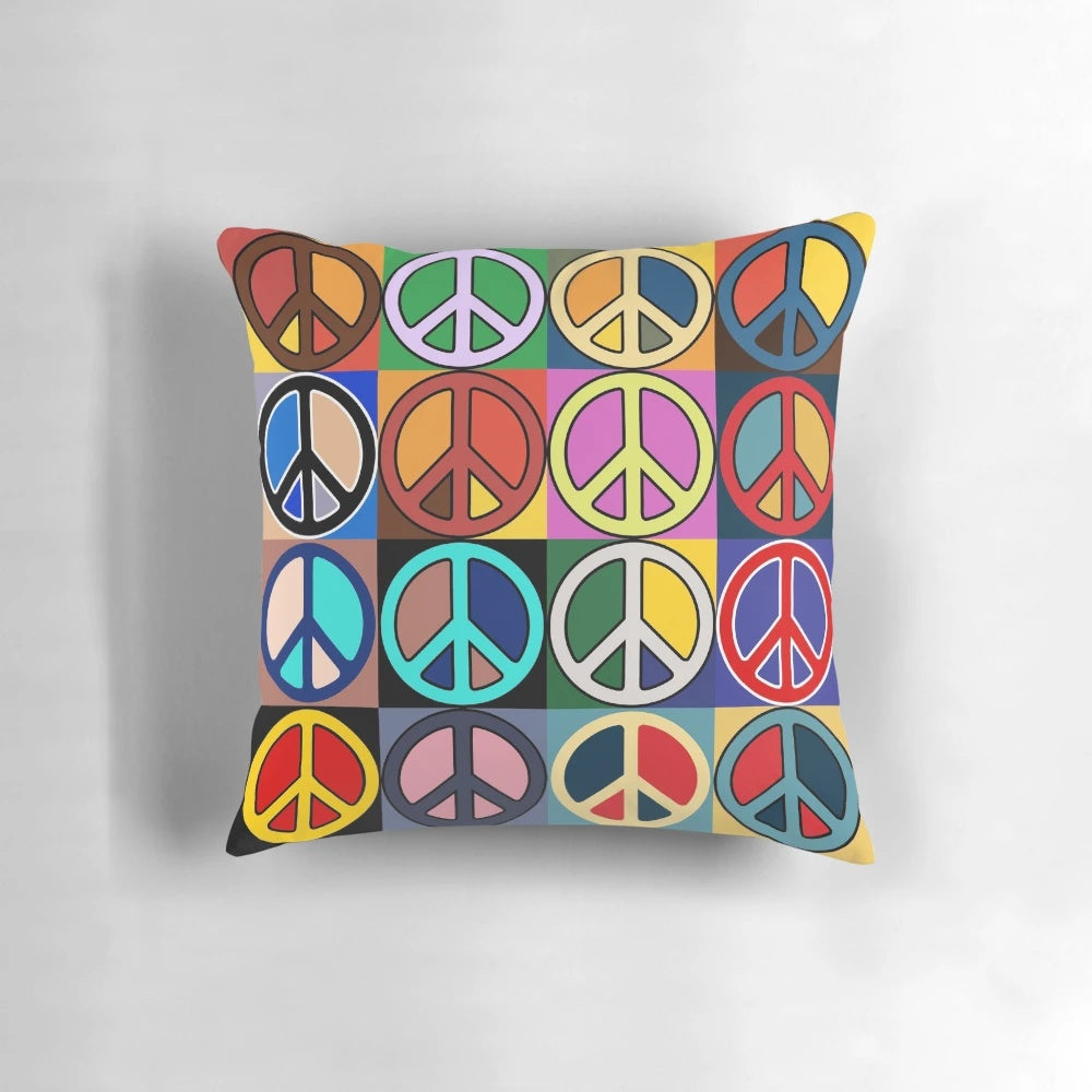 Colorful mosaic pattern peace sign pillow for boho, bohemian, or hippie-inspired home decor