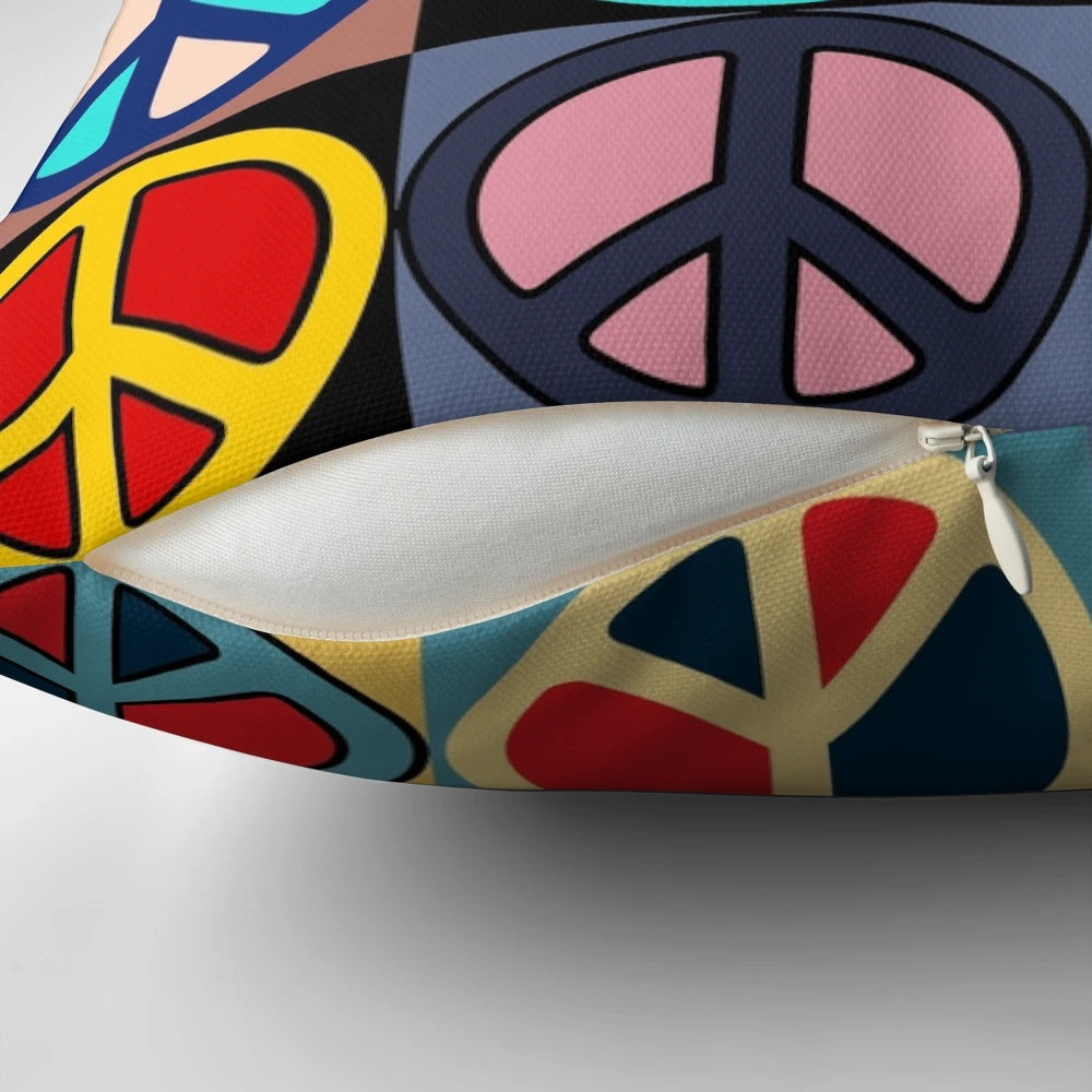 Colorful mosaic pattern peace sign pillow for boho, bohemian, or hippie-inspired home decor
