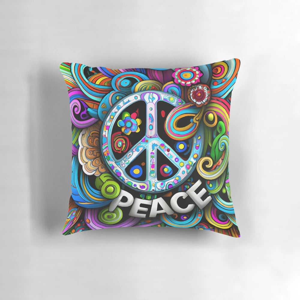Colorful peace sign design printed on a soft, plush pillow for a bohemian-inspired home.