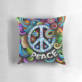 Colorful peace sign design printed on a soft, plush pillow for a bohemian-inspired home.
