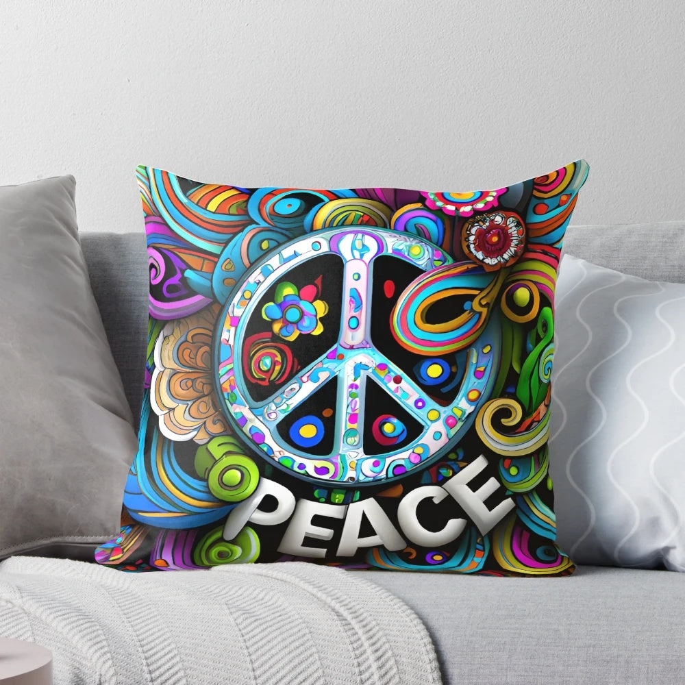 Colorful peace sign design printed on a soft, plush pillow for a bohemian-inspired home.