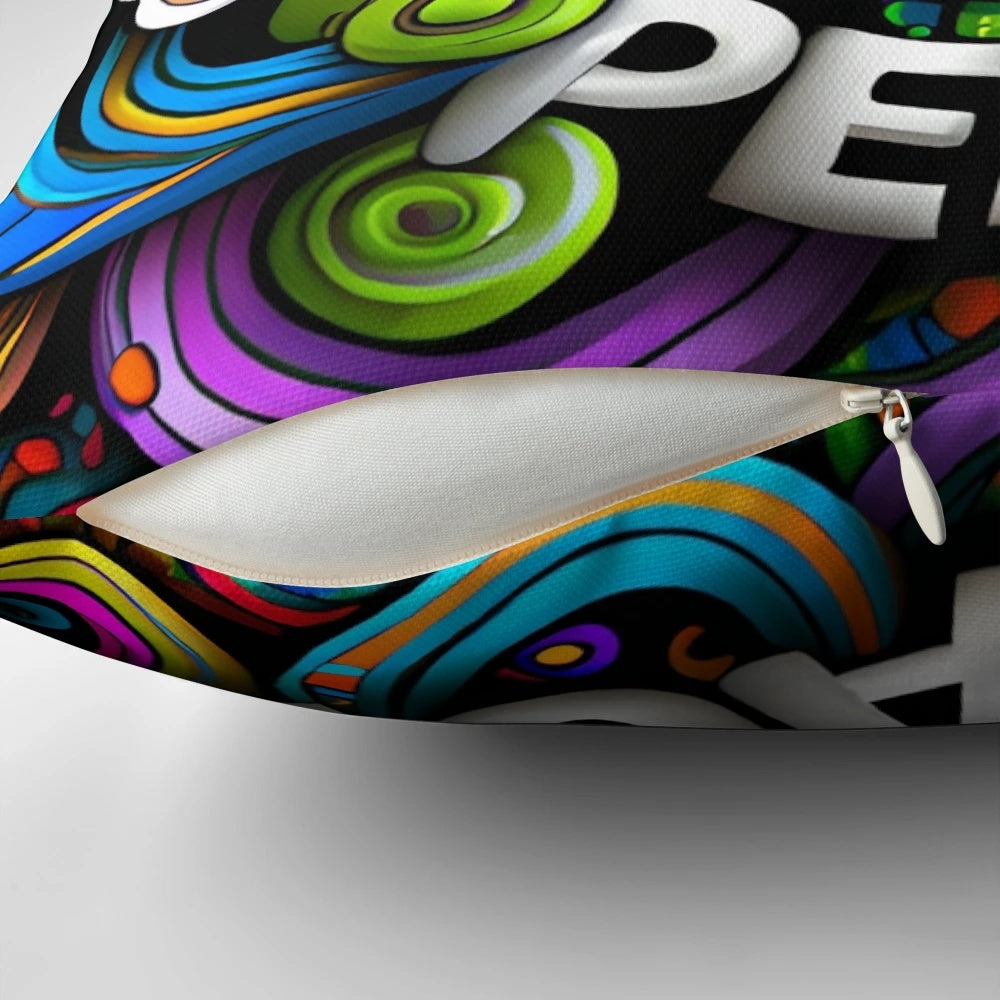 Colorful peace sign design printed on a soft, plush pillow for a bohemian-inspired home.
