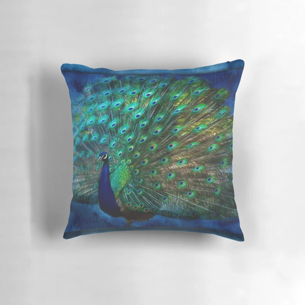 Vibrant peacock feather art printed on a square throw pillow, showcasing the bird's elegant plumage and tail.