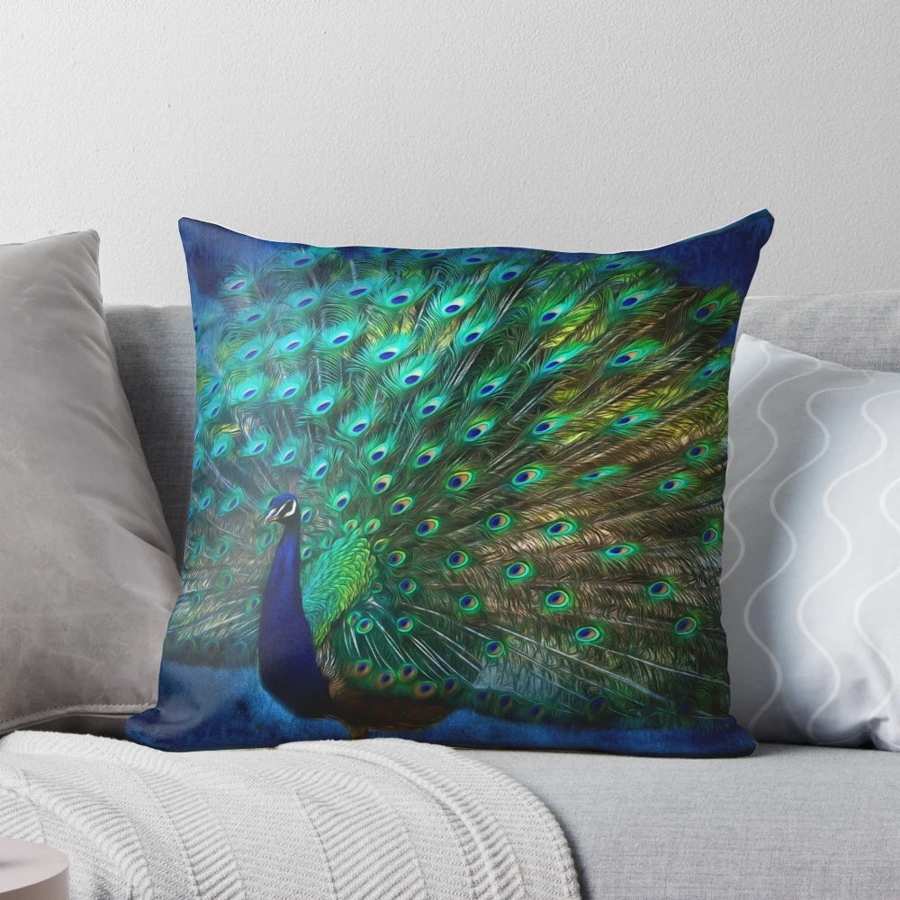 Vibrant peacock feather art printed on a square throw pillow, showcasing the bird's elegant plumage and tail.