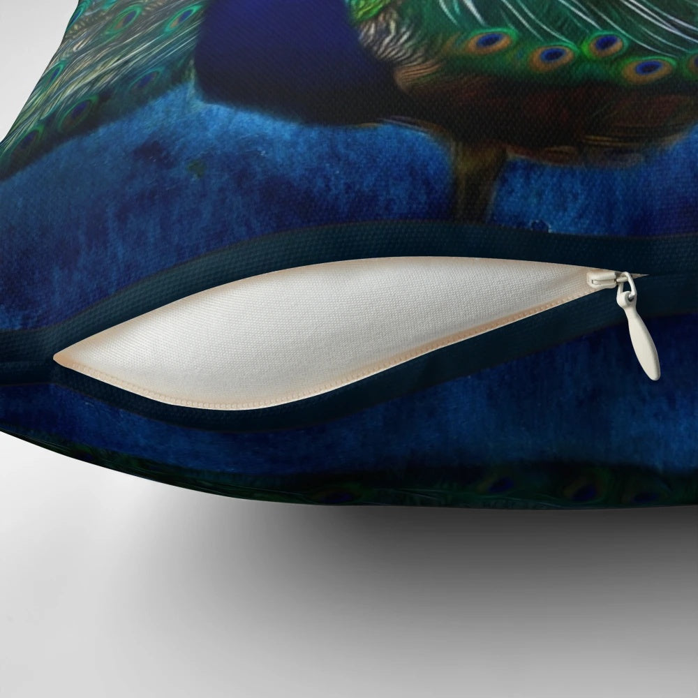 Vibrant peacock feather art printed on a square throw pillow, showcasing the bird's elegant plumage and tail.
