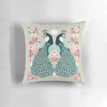 Colorful decorative throw pillow featuring a vibrant peacock design by artist Andrea Lauren