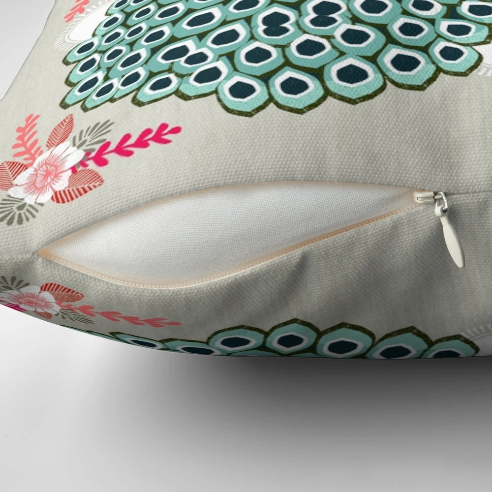 Colorful decorative throw pillow featuring a vibrant peacock design by artist Andrea Lauren
