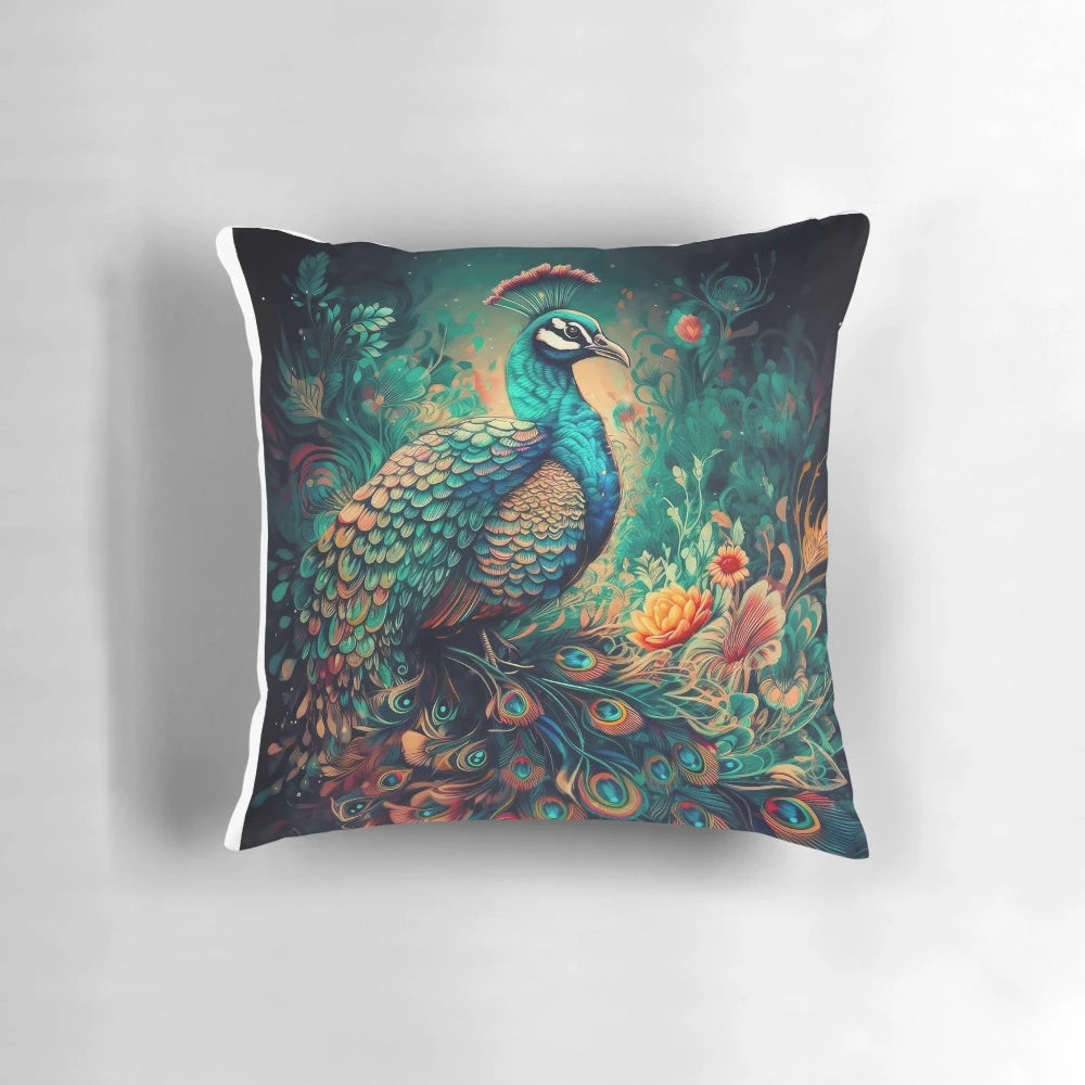 Colorful peacock feather pattern decorative pillow in shades of blue and green