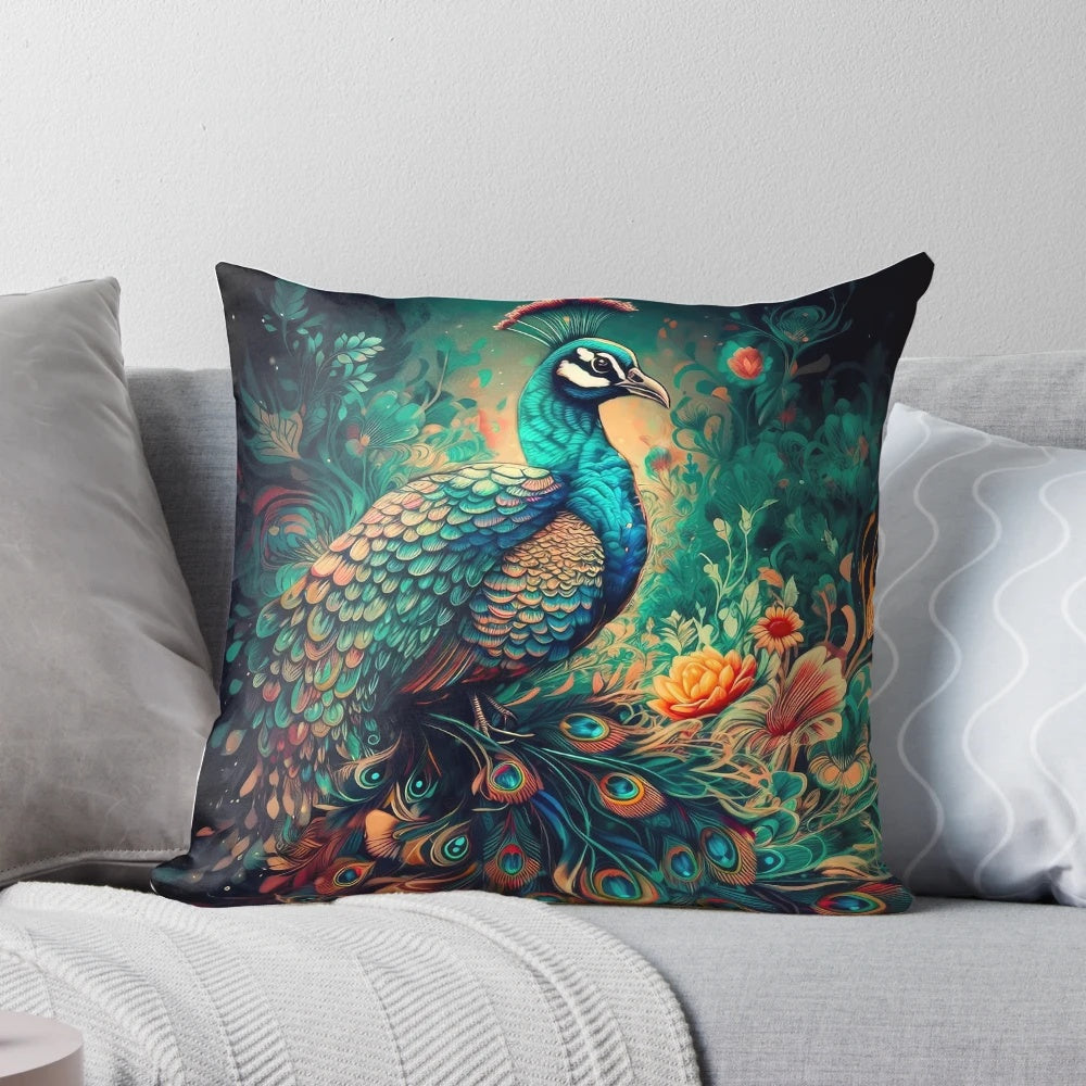 Colorful peacock feather pattern decorative pillow in shades of blue and green