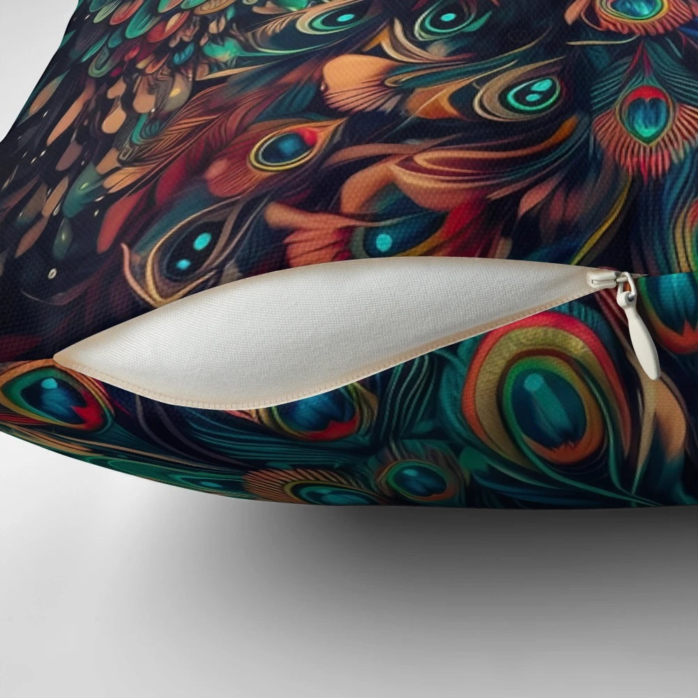 Colorful peacock feather pattern decorative pillow in shades of blue and green