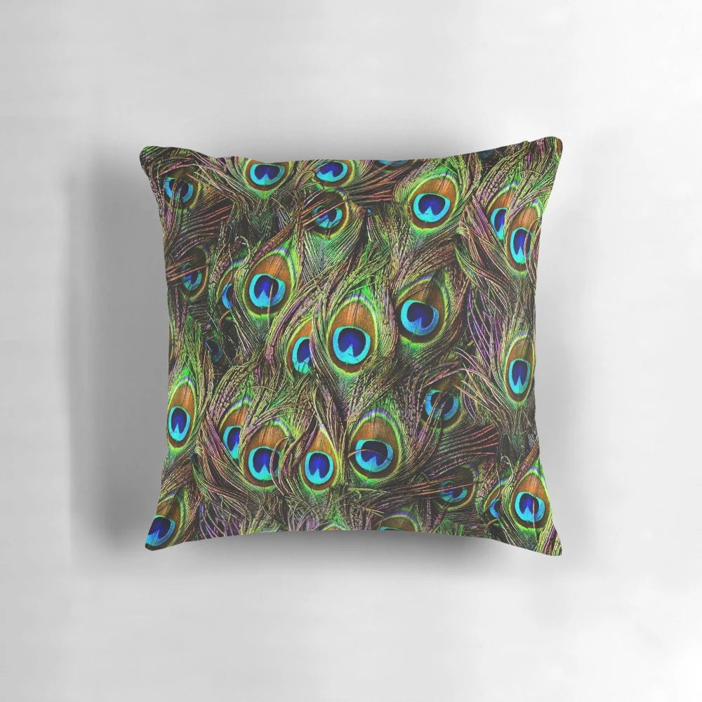 Decorative throw pillow with vibrant peacock feathers