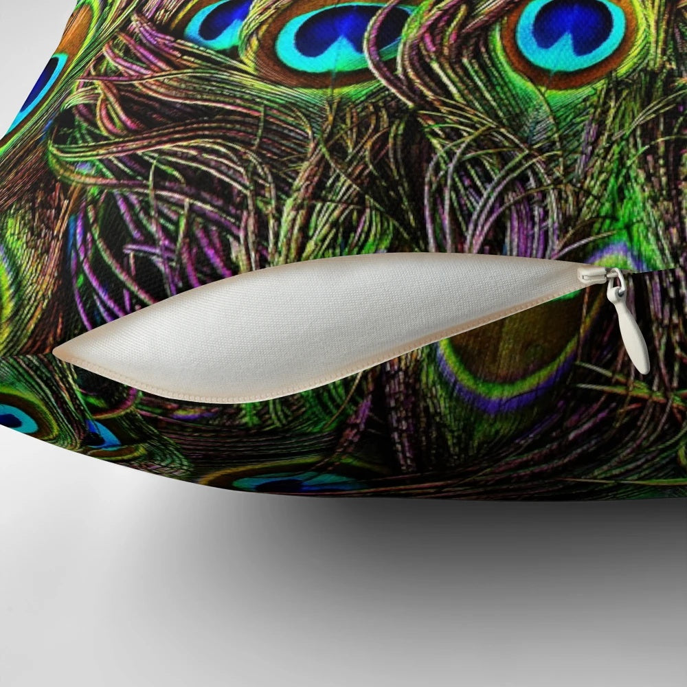 Decorative throw pillow with vibrant peacock feathers
