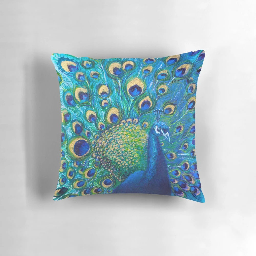 Colorful peacock feather design printed on a soft, comfortable throw pillow