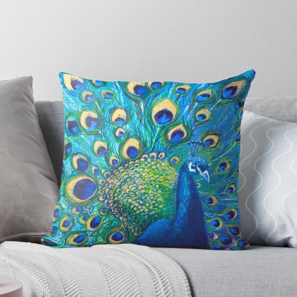 Colorful peacock feather design printed on a soft, comfortable throw pillow