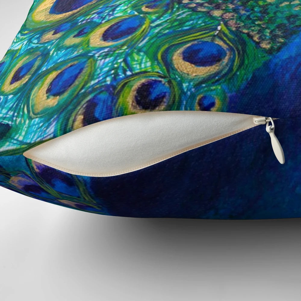 Colorful peacock feather design printed on a soft, comfortable throw pillow