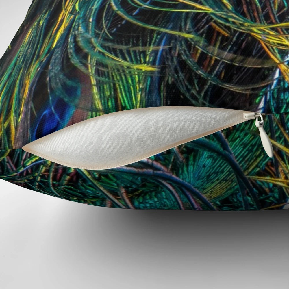 Vibrant and luminous peacock feather pillow with shimmering green, purple, and blue hues