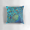 Vibrant blue and gold peacock feather design throw pillow